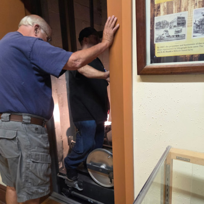 Museum custodian and our elevator tech calling time of death on the elevator
